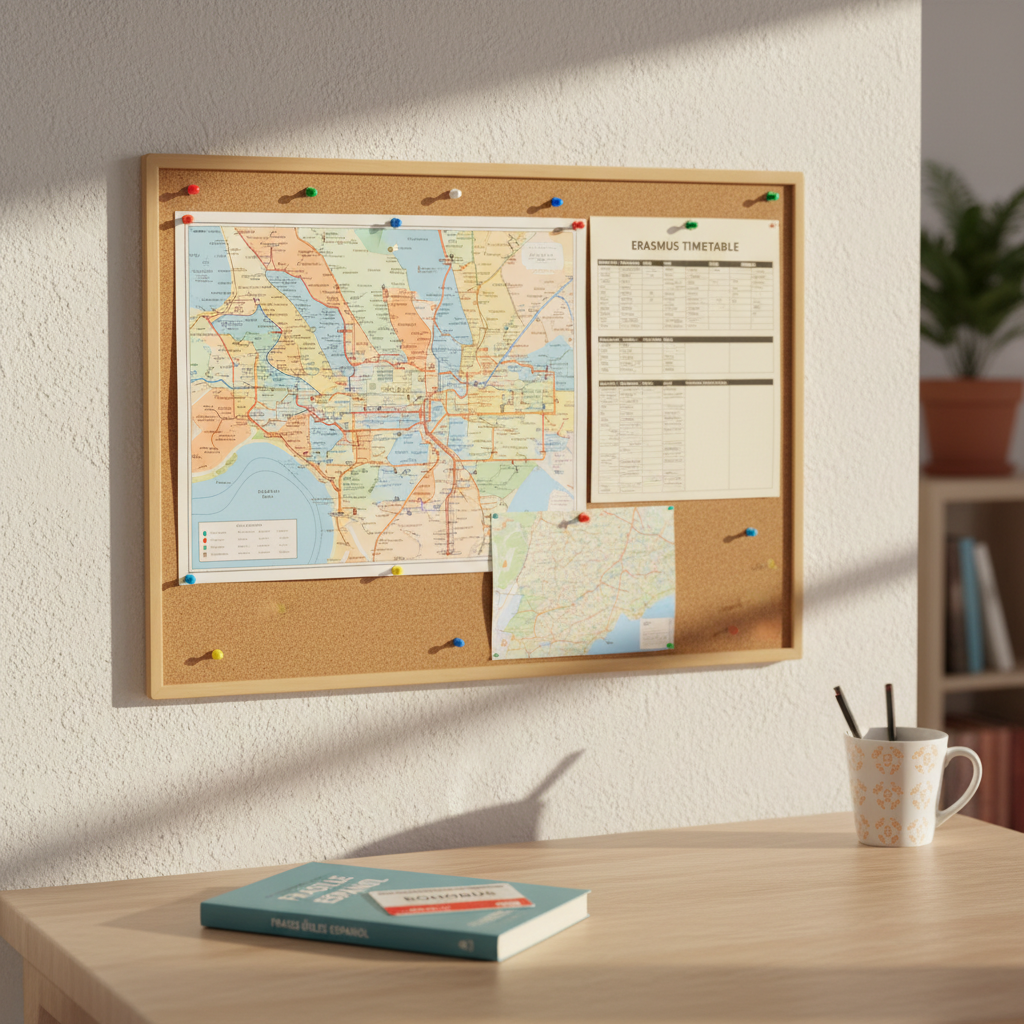 A close-up, photographic realism scene of a neat study corner in a Seville apartment, featuring a detailed corkboard pinned with colorful maps of Seville’s neighborhoods, tram and bus routes, and a printed Erasmus timetable. Below, an organized desk holds a Spanish phrasebook, a slim guide titled “Au Pair in Seville,” and a metro card resting on smooth, light wood. Warm, diffused mid-morning sunlight filters in from the left, creating soft highlights on the paper edges and casting calm shadows. The composition uses rule of thirds, with shallow depth of field so the pinned city map is sharp and the edges of the room gently blurred, creating an atmosphere that feels practical, reassuring, and professionally curated.