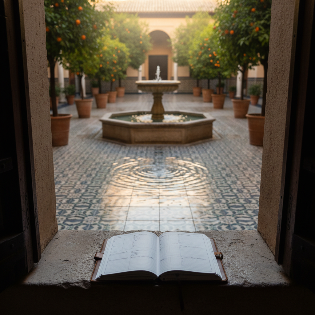 A meticulously detailed photographic scene of a Seville-style courtyard viewed from a doorway, with patterned ceramic tiles in blue and white, lush potted orange trees, and a small central fountain sending up delicate ripples. On a stone ledge in the foreground lies an open planner filled with neatly written notes labeled “budget,” “neighborhoods,” and “paperwork checklist.” Late-afternoon Andalusian light streams down from above, creating crisp reflections on the water and warm highlights on the tiles. Shot at eye level with moderate depth of field, the planner in sharp focus and the courtyard slightly softened, the image feels calm, practical, and inviting, symbolizing quiet planning before exploring Seville.